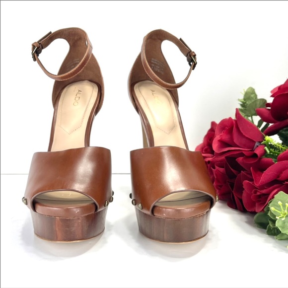 ALDO LARAA BROWN LEATHER WOODEN HEELED SANDALS - Picture 6 of 16